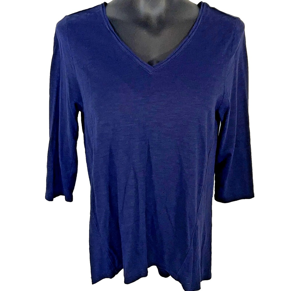 Chico's - Women's M Tunic Top Blue V-Neck 3/4 Sleeve Mini HI-Lo Hem